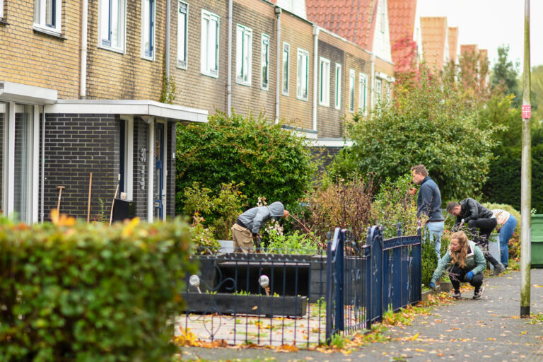 Mensen werken in een tuin bij rijtjeshuizen, omringd door groen en herfstbladeren.