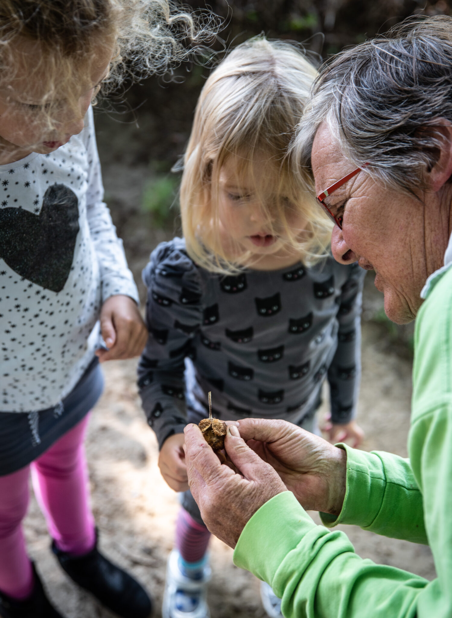 Ouder toont twee kinderen een klein natuurvoorwerp in een bosomgeving.