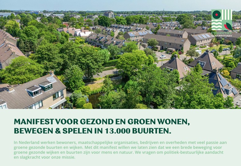 Luchtfoto van een groene woonwijk, met tekst over een manifest voor gezonde, groene buurten.