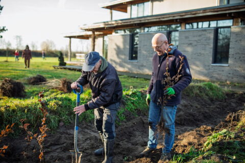 Twee mannen planten bomen in een tuin naast een modern gebouw.