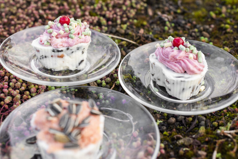 Drie kleine desserts met roze topping op glazen schalen, geplaatst op bodembedekkers.