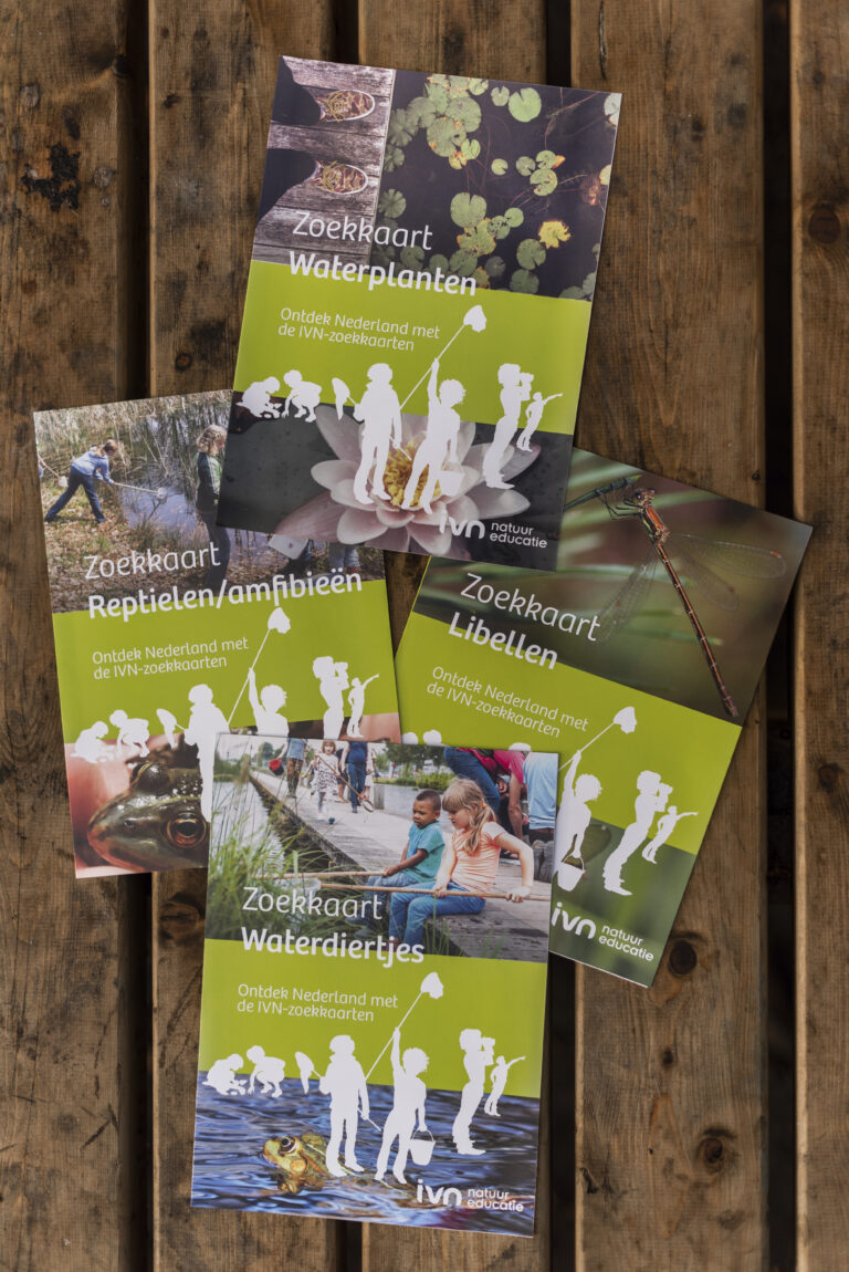 Vijf IVN zoekkaarten op een houten tafel: waterplanten, reptielen/amfibieën, libellen en waterdiertjes.