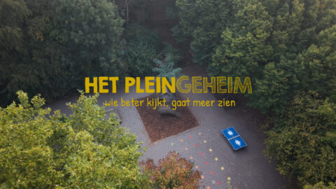Basketbalveld omringd door groene bomen met tekst: "Het Pleingeheim, wie beter kijkt, gaat meer zien."