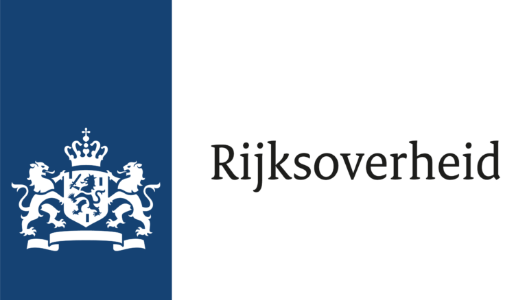 Logo van de Rijksoverheid met wapen in wit op blauwe achtergrond.