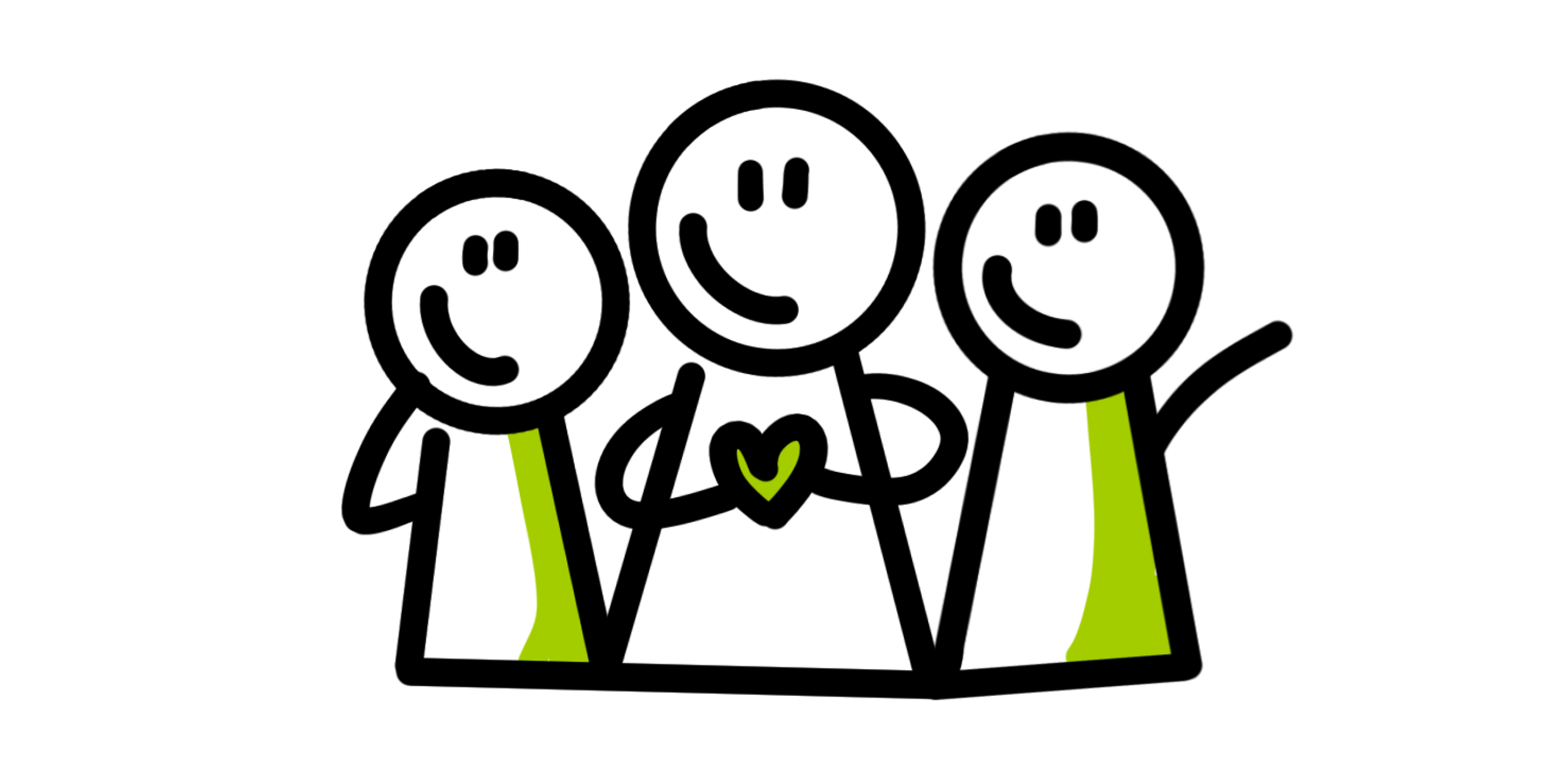 Drie blije stickfiguren, de middelste houdt een groen hart vast, op een zwarte achtergrond.