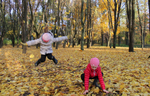 Twee kinderen spelen in een herfstbos vol gele bladeren, één springt en één hurkt.
