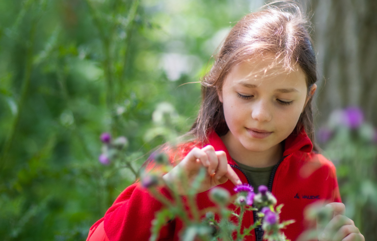 Jong meisje in rode jas bewondert paarse bloemen in een groene, natuurlijke omgeving.