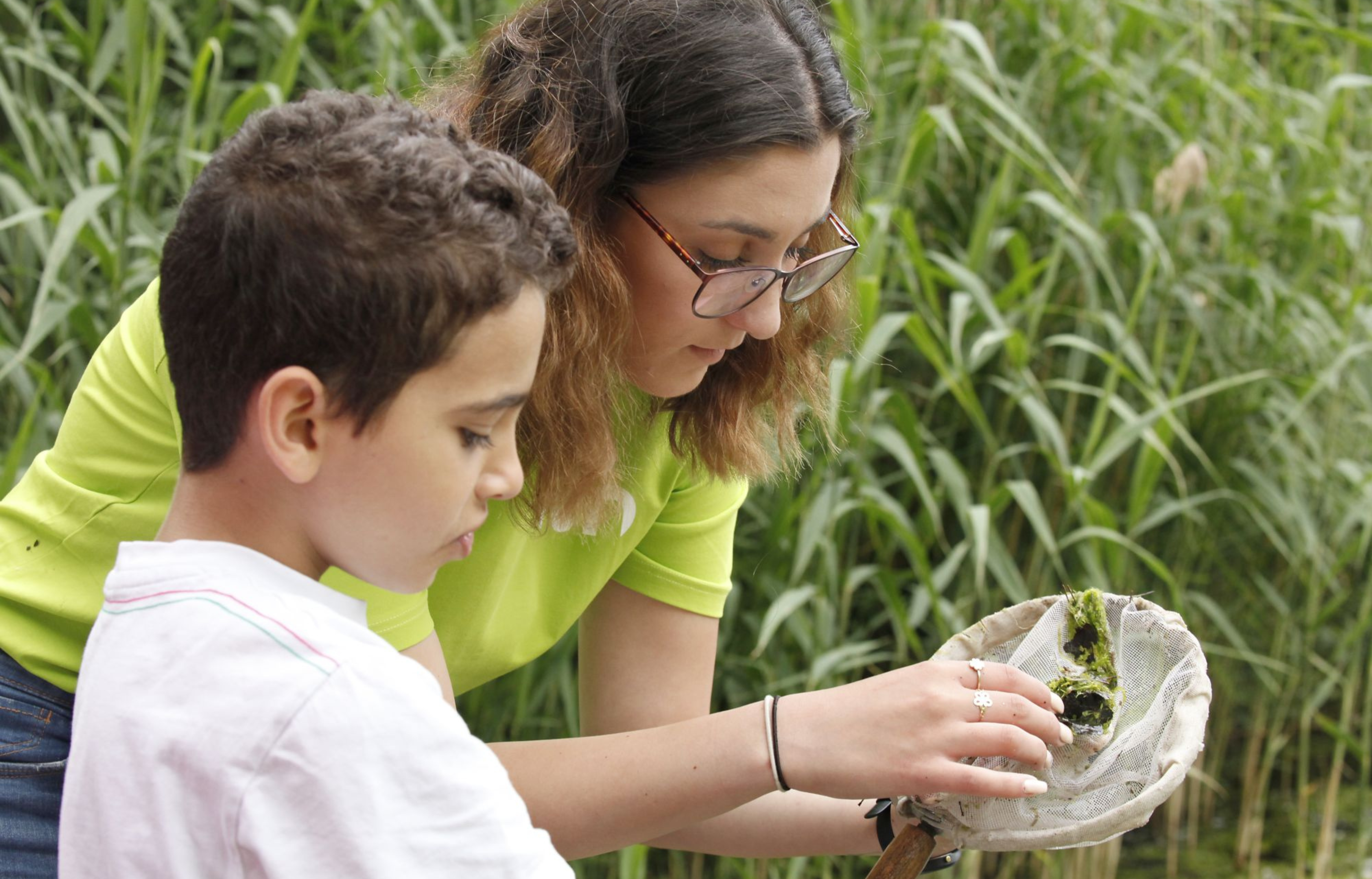 Twee mensen bestuderen waterleven met een net in een groene, natuurlijke omgeving.