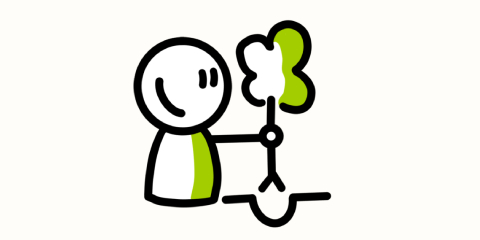 Een getekend figuurtje plant een boom met groene bladeren in een gat.