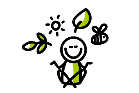 Blij stickfiguur zit in kleermakerszit, omgeven door zon, bladeren en een bij.