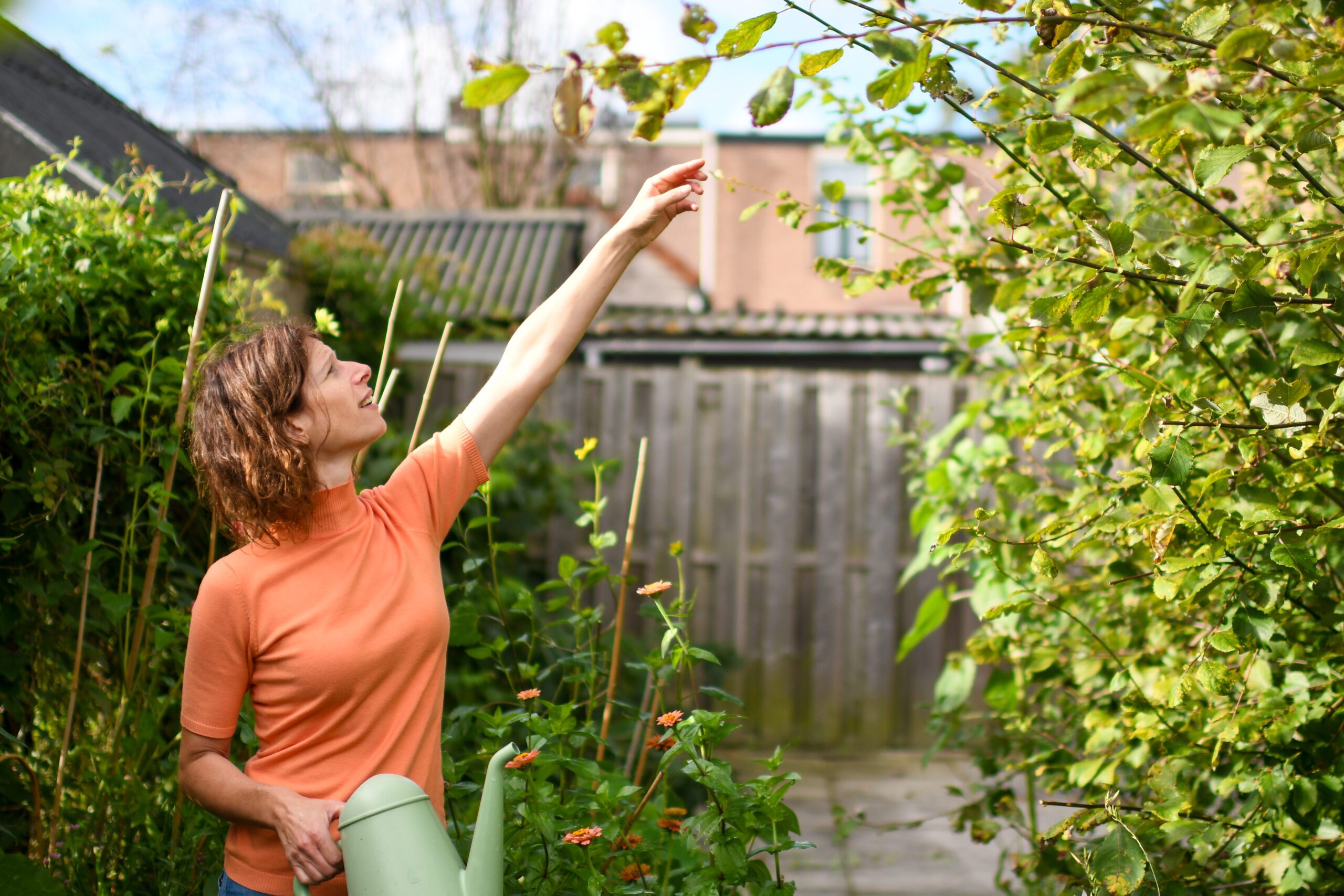 Vrouw in oranje trui in tuin, plukt bladeren; houdt groene gieter vast.
