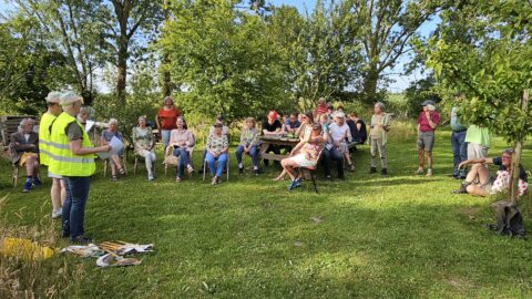 Groep mensen zit en staat buiten in een park, terwijl twee personen in gele hesjes praten.