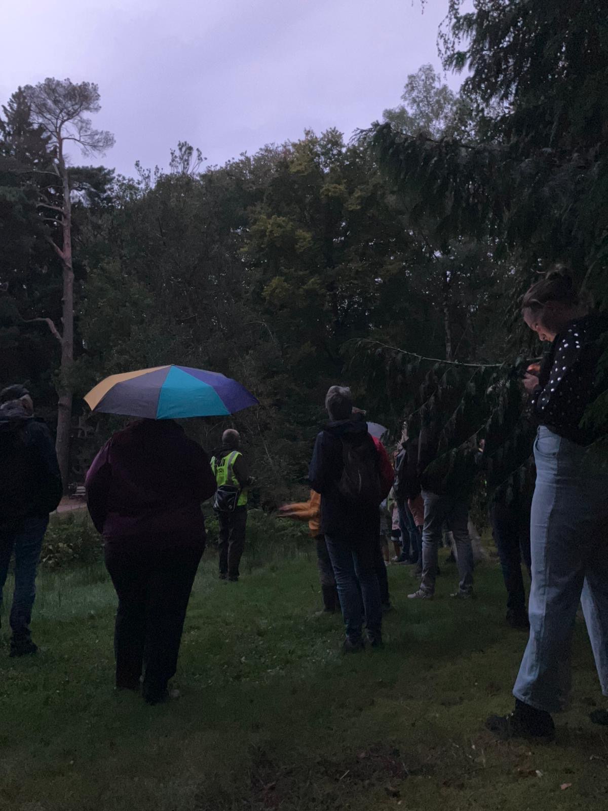 Groep mensen onder paraplu's in een bos tijdens schemering. Eén persoon draagt een geel veiligheidsvest.