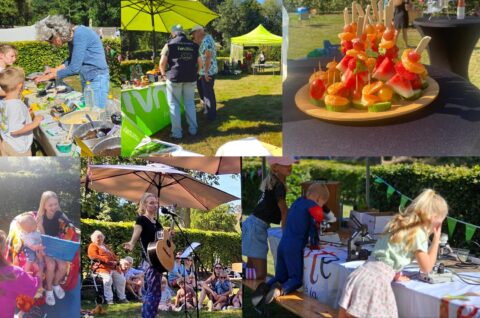 Kinderen spelen en leren op een buitenfestival met activiteiten, optredens en snacks.