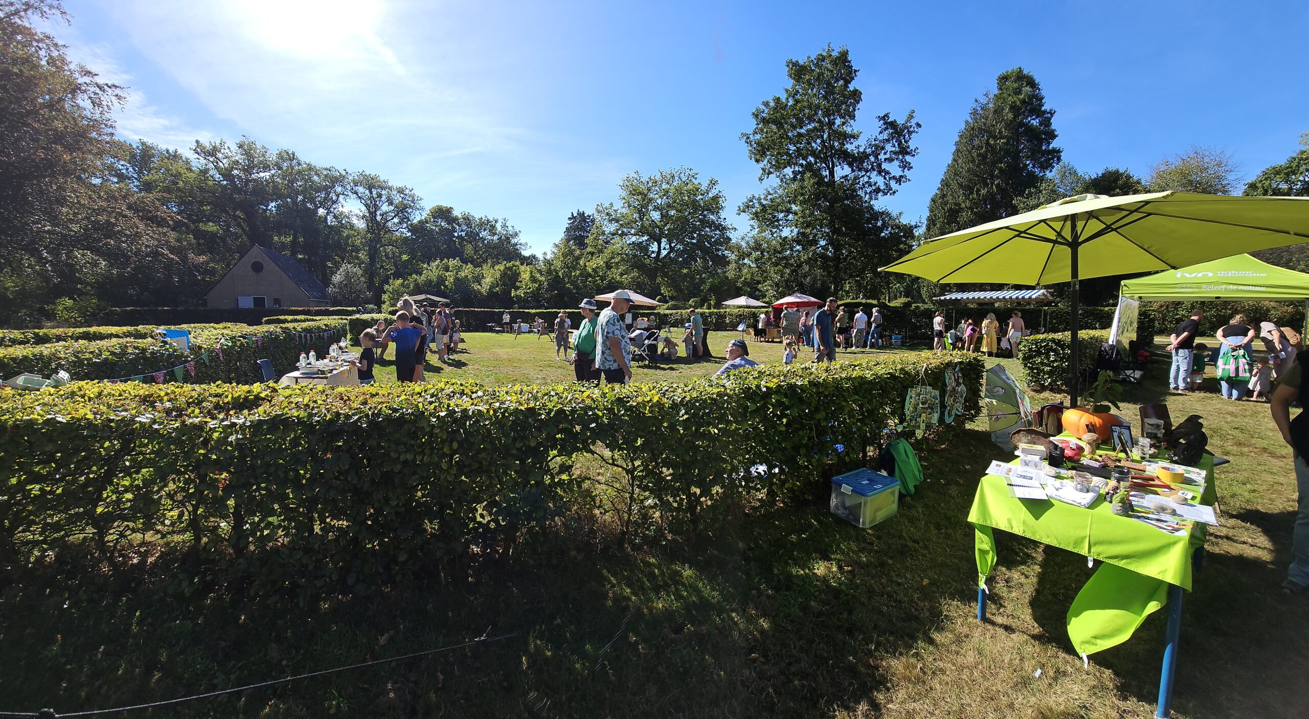 Mensen genieten van een zonnig tuinfeest met kraampjes, parasols en een groene omgeving.