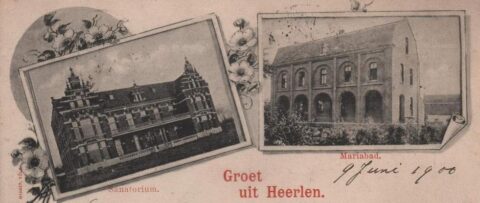 Twee foto's van gebouwen in Heerlen met de tekst "Groet uit Heerlen" en bloemenversiering.