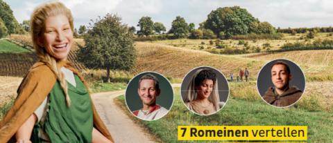 Een lachende vrouw in Romeinse kledij staat voor een landschap. Drie portretten en tekst: "7 Romeinen vertellen."