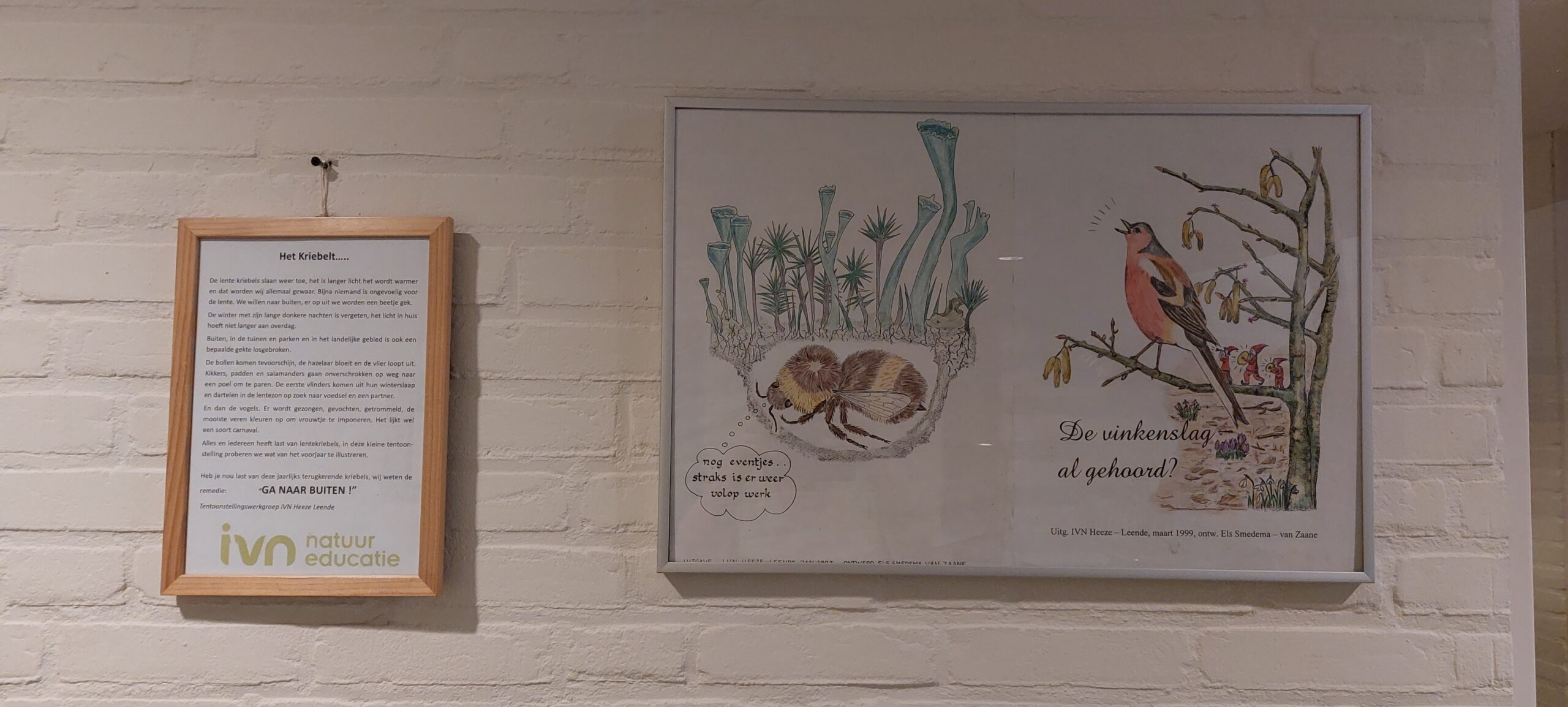 Een bord met tekst over lente en natuur naast een illustratie van een vogeltje en een bij op een muur.