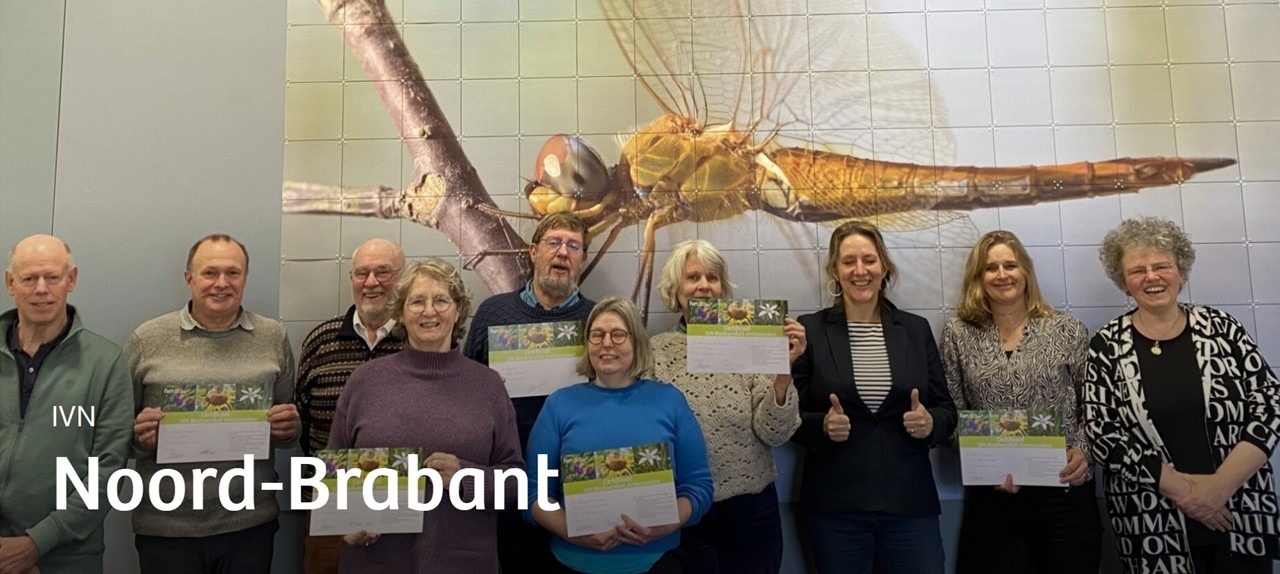 Groep mensen houdt certificaten vast voor een muurschildering van een libel in Noord-Brabant.