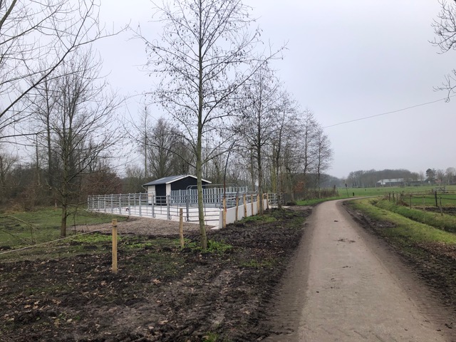 Onverharde weg langs omheinde structuur en kale bomen in landelijk, winters landschap.