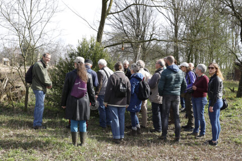 Een groep mensen observeert de natuur tijdens een wandeling in een bosrijke omgeving.
