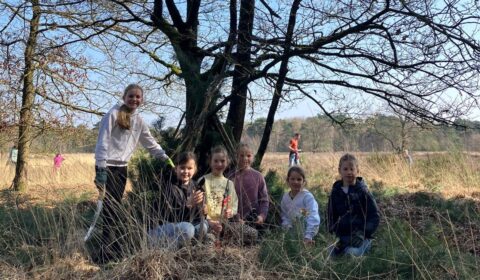 Kinderen poseren in een bosrijk gebied, met gras en bomen op de achtergrond.