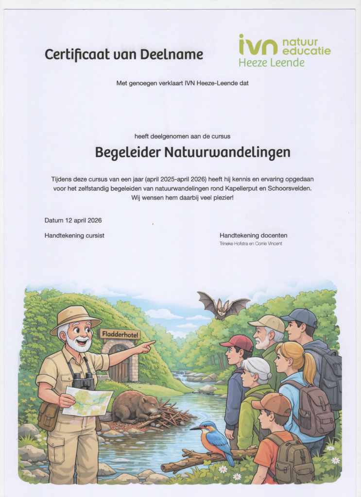Certificaat natuurwandelgids met tekening van gids en groep in bos met dieren als bever en ijsvogel.