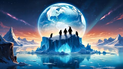 Pinguïns op een ijsschots met een enorme aarde op de achtergrond bij zonsondergang.