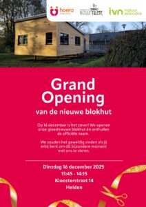 Uitnodiging voor opening van nieuwe blokhut op 16 december 2025, Kloosterstraat 14, Helden.
