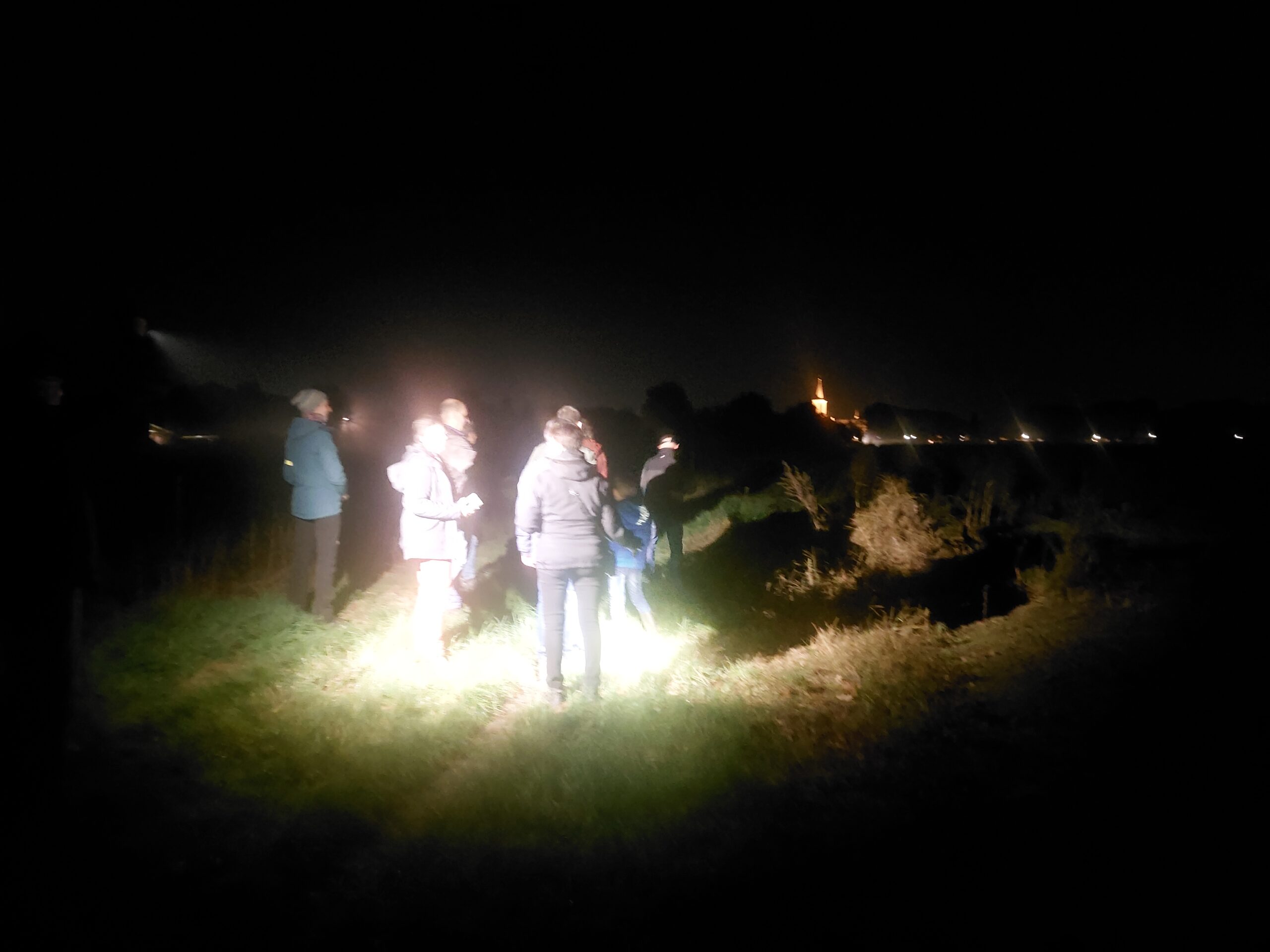 Groepje mensen met zaklampen wandelt 's nachts buiten; vaag verlichte kerktoren in de verte.