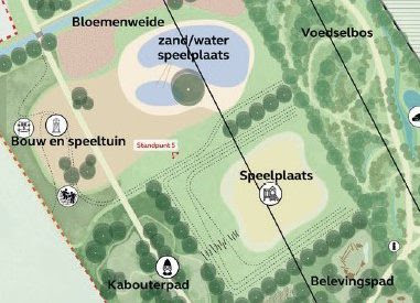 Kaart met een bouwspeeltuin, zand/waterspeelplaats, kabouterpad, bloemenweide en voedselbos.