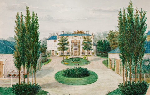 Een schildering van een landhuis met oprijlaan en symmetrische tuinen geflankeerd door hoge bomen.