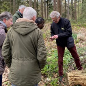 Mensen in een bos luisteren naar een gids die iets in zijn hand toont.