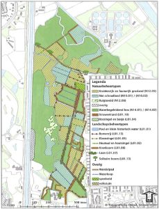 Kaart met natuurbeheer- en landschapstypen, inclusief wandelpaden en waterlopen, genummerd in legende.
