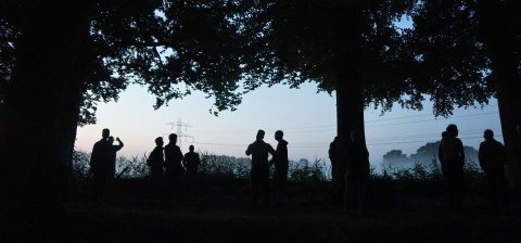 Silhouetten van mensen onder bomen bij schemering, elektrische mast op de achtergrond.