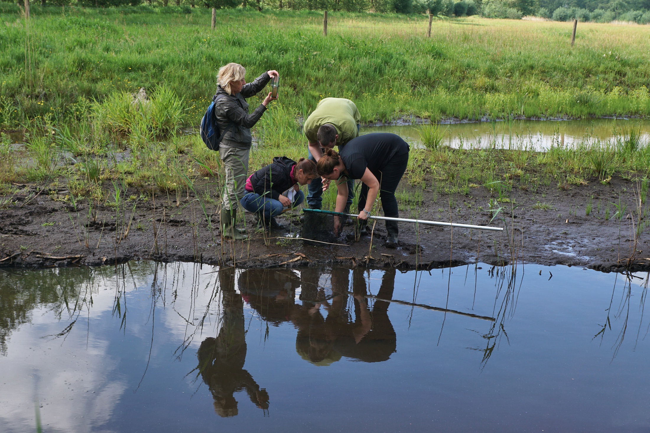 Groep mensen onderzoekt modderige oever van een vijver; vrouw maakt foto.