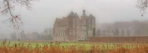 Mistig landschap met een kasteel en herfstbomen op de voorgrond.