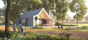 Modern huis in bosrijke omgeving met twee kinderen, een volwassene en een eekhoorn in een boom.