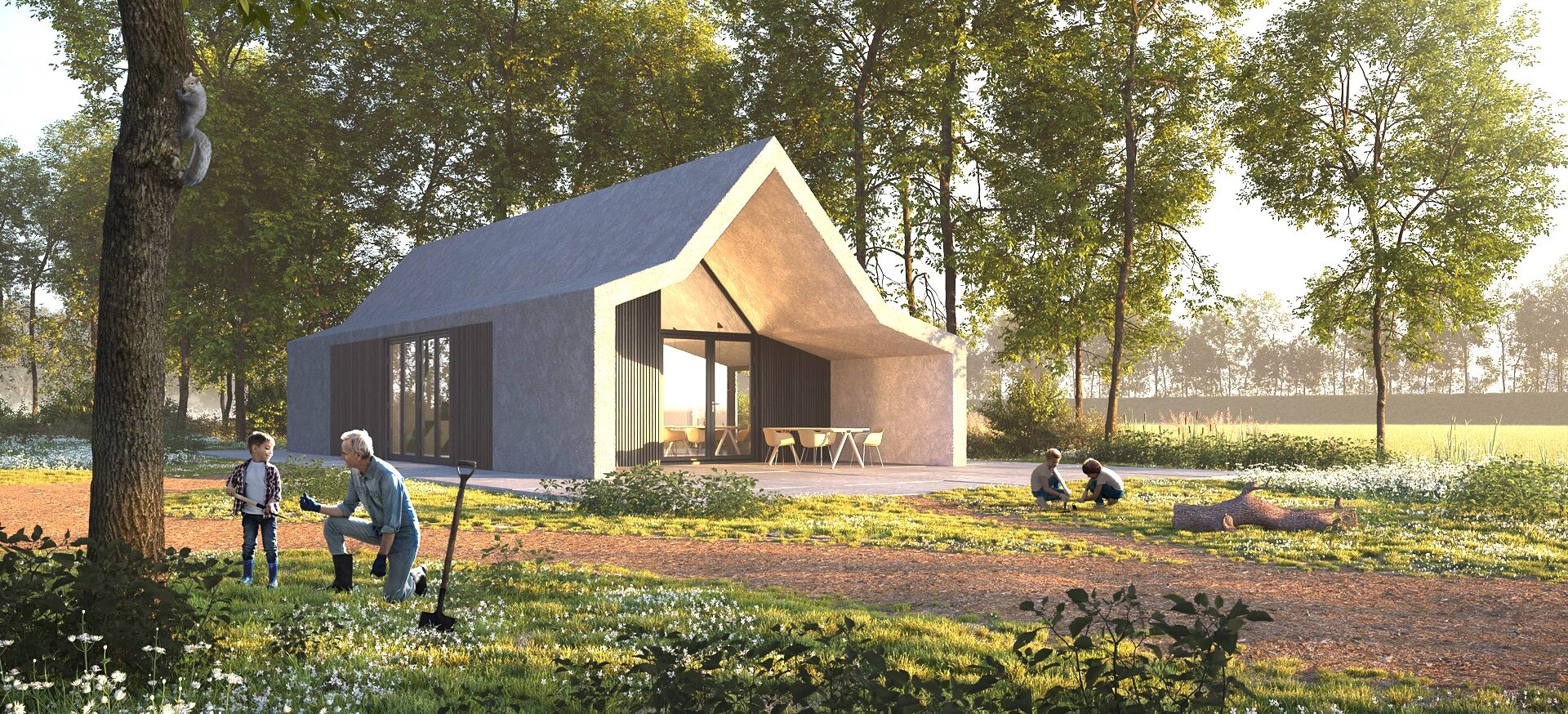 Modern huis in bosrijke omgeving met twee kinderen, een volwassene en een eekhoorn in een boom.