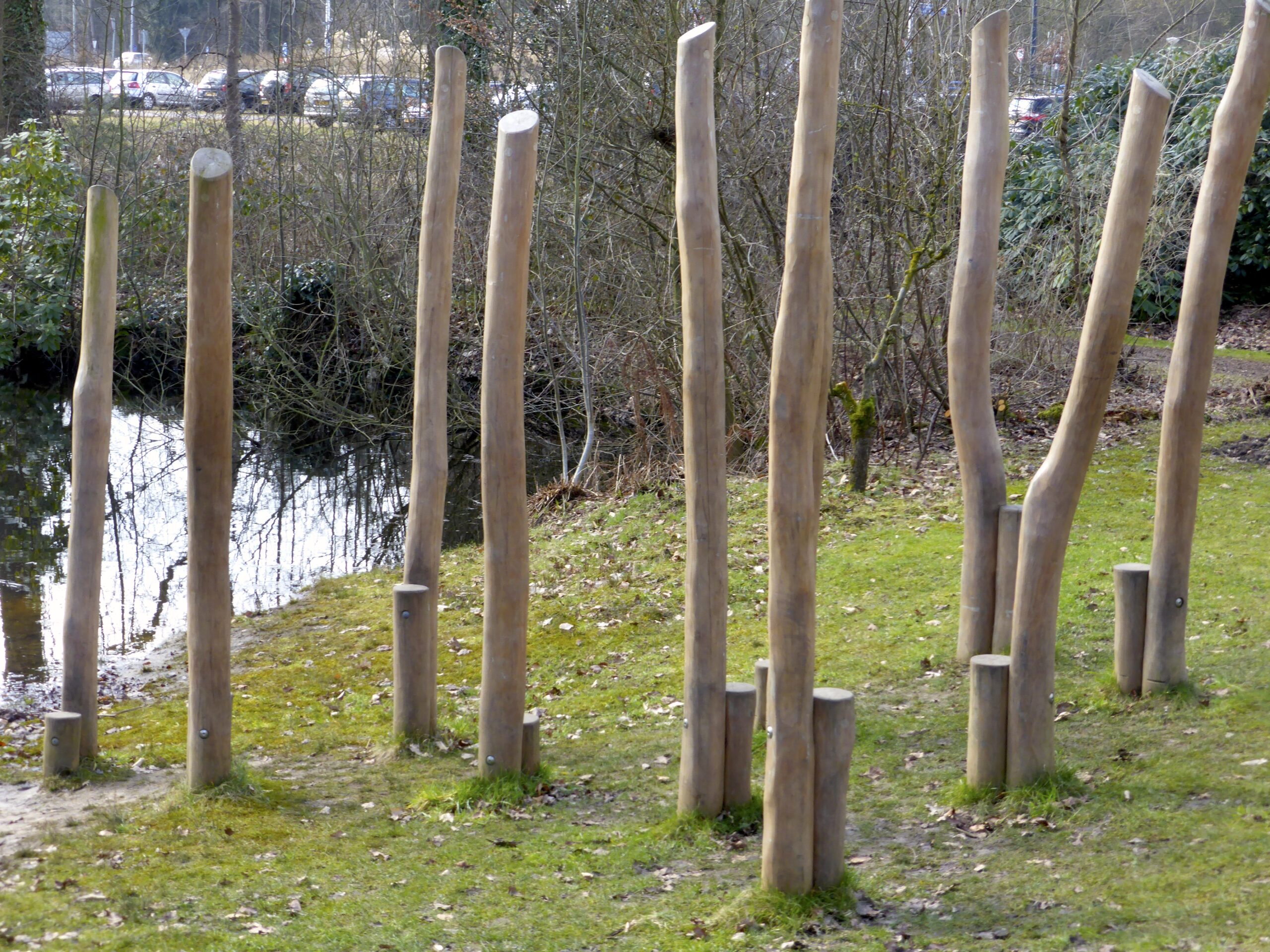 Houten palen in grasveld bij vijver en struiken in park.