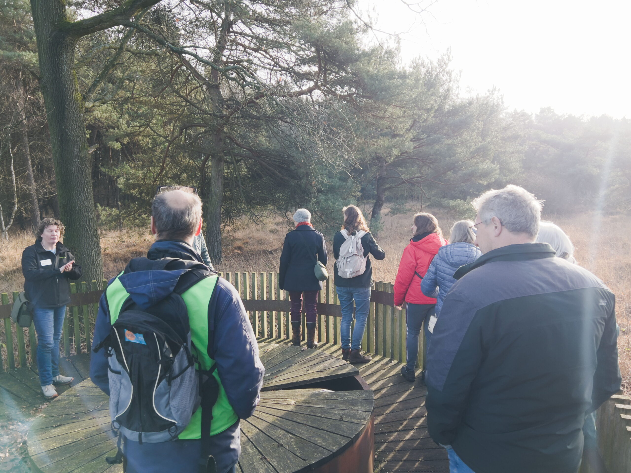 Groep mensen verzameld op een houtplatform in een bos, luisterend naar een gids.