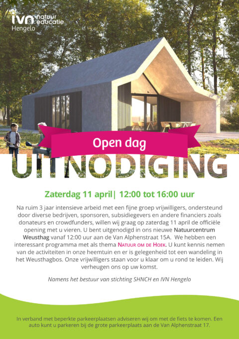 Uitnodiging voor een open dag op zaterdag 11 april bij Natuurcentrum Weusthag, Hengelo.