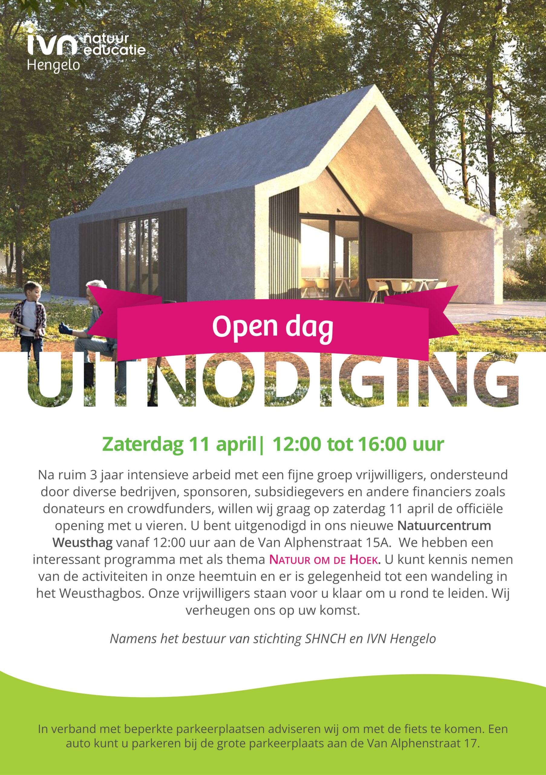 Uitnodiging voor een open dag op zaterdag 11 april bij Natuurcentrum Weusthag, Hengelo.