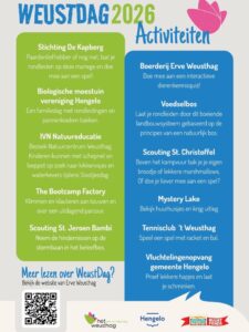 Poster voor Weustdag 2026 met activiteiten zoals boerderijbezoek, natuuronderwijs en sportwedstrijden.