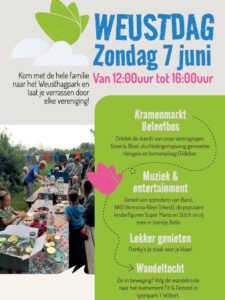 Promotieposter voor Weustdag op 7 juni met marktkraampjes, muziek en wandeltochten.