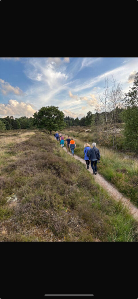 Mensen wandelen op een smal pad door heidegebied onder een blauwe lucht met wolken.