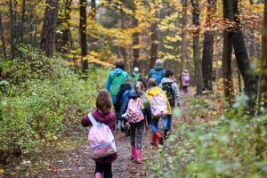 Kinderen wandelen met rugzakken over een bosachtig pad in de herfst.