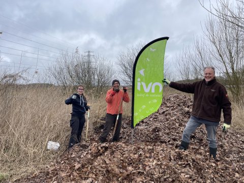 Drie mensen poseren met een groene IVN-vlag in een natuurgebied op een hoop bladeren.