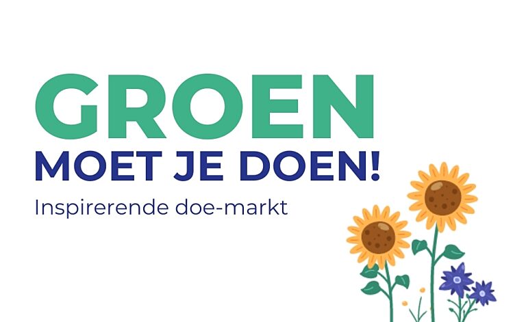 Tekst "Groen moet je doen!" met bloemenillustraties rechts. Inspirerende doe-markt.
