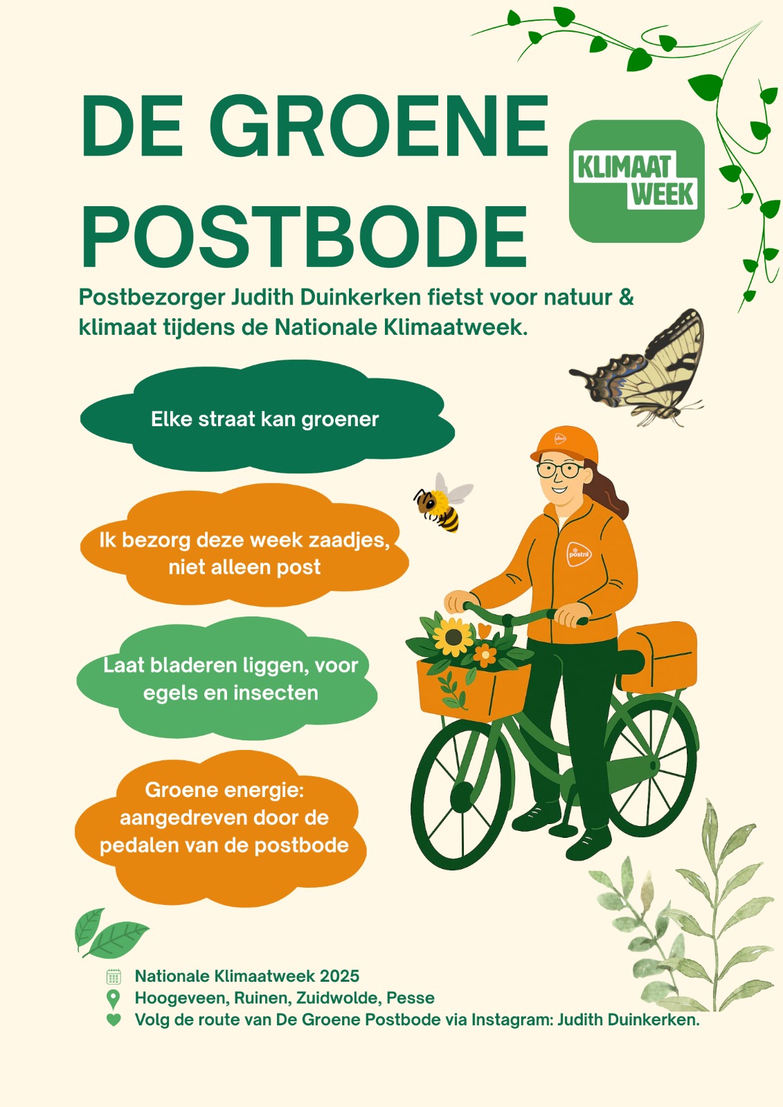 Illustratie van een fietsend persoon als “De Groene Postbode” tijdens de Nationale Klimaatweek.